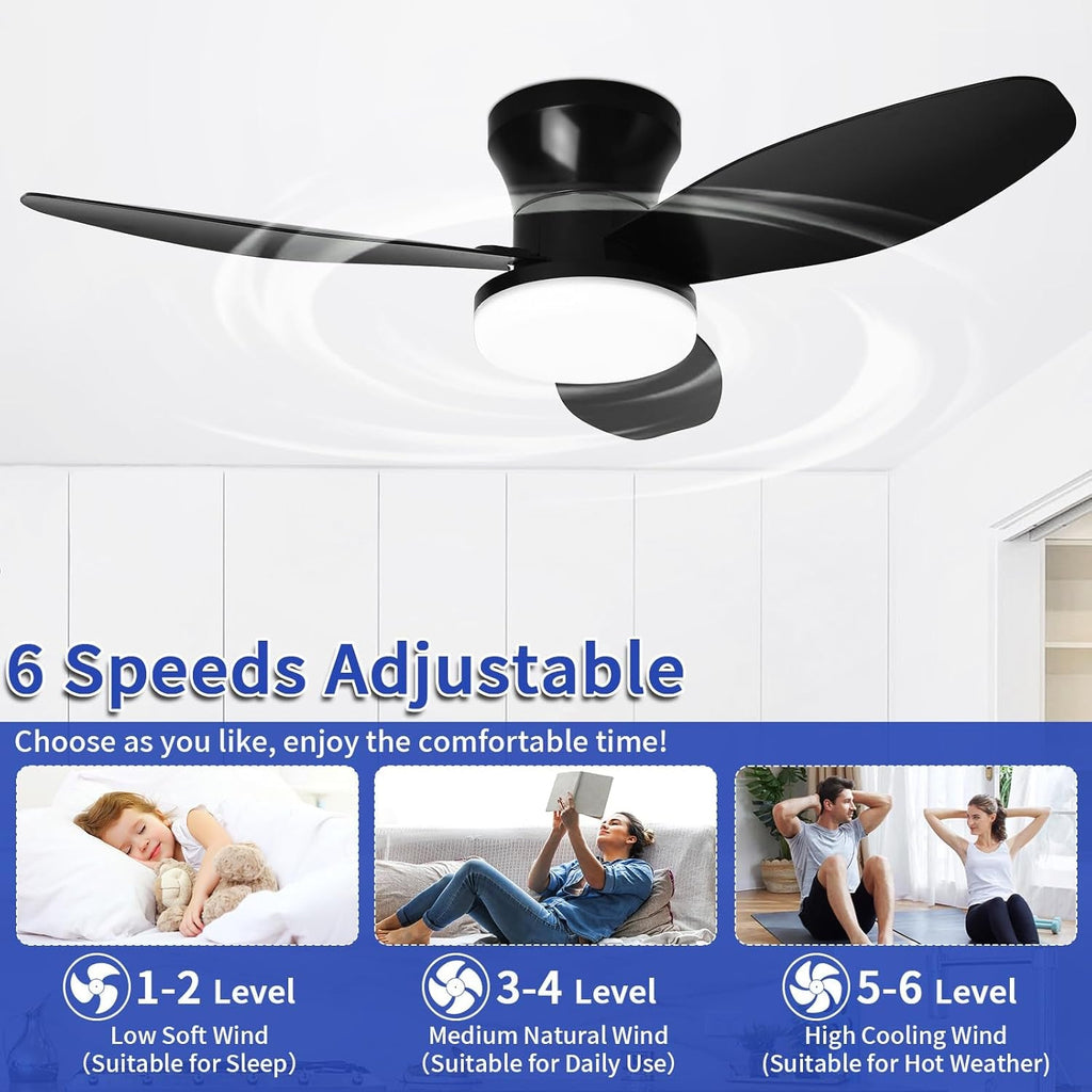 32 Inch Flush Mount Ceiling Fan With Remote Dimmable LED Light Timer
