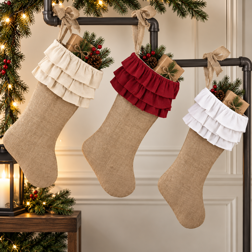 Cotton Ruffle Cuff Jute Christmas Stocking