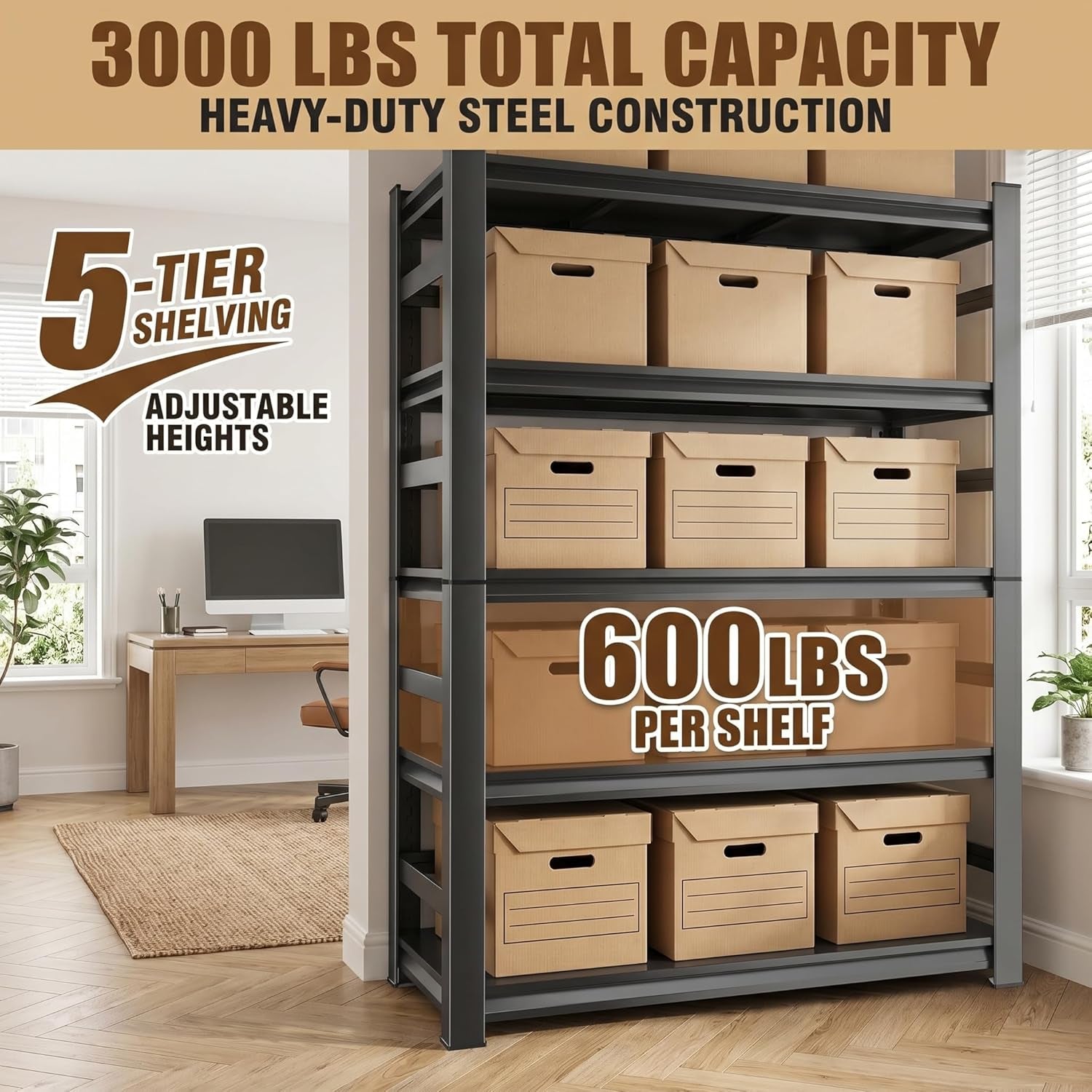 Five Tier Industrial Strength Metal Bookshelf Seventy Two Inch Tall