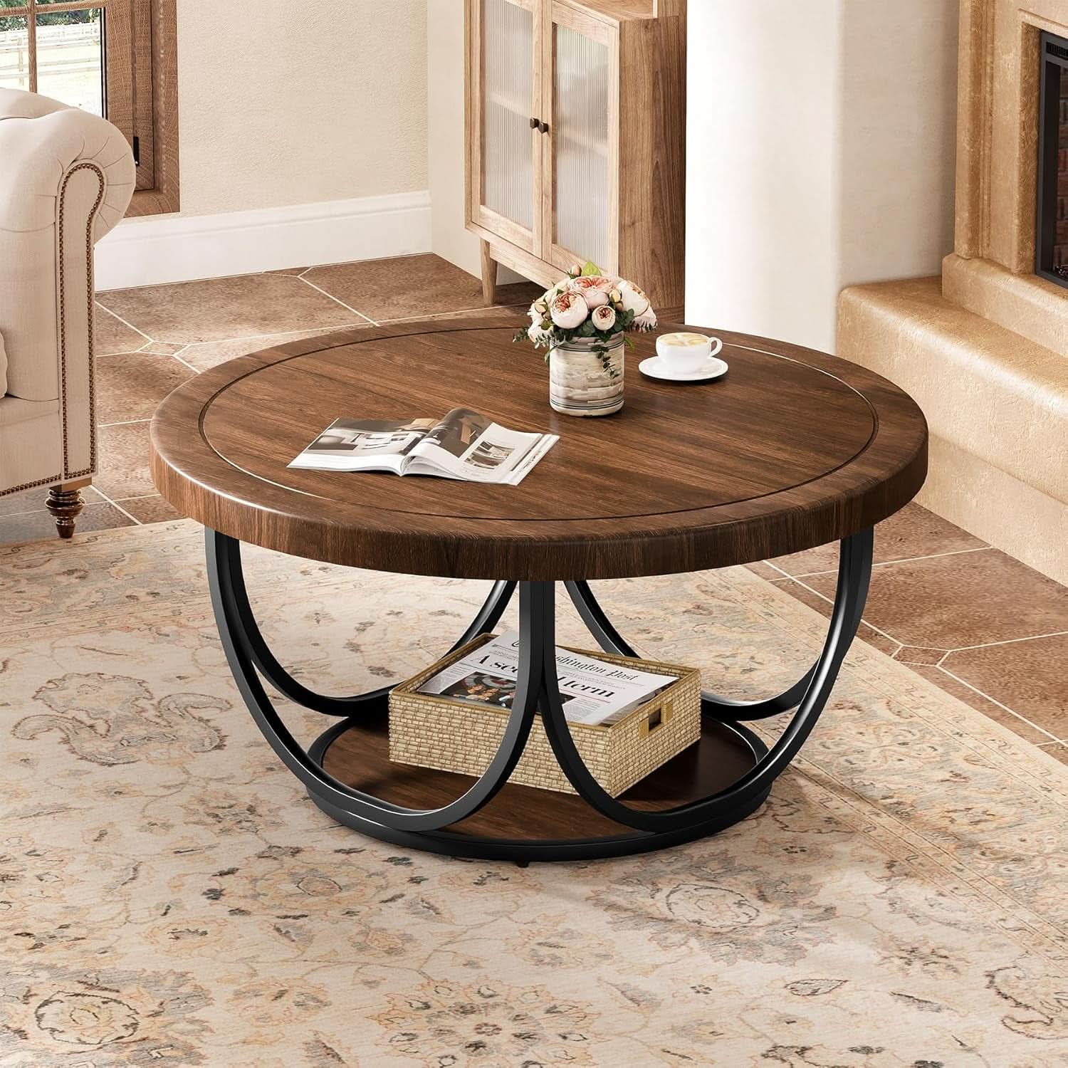 Round Coffee Table 33 Inch Brown Black Industrial Frame