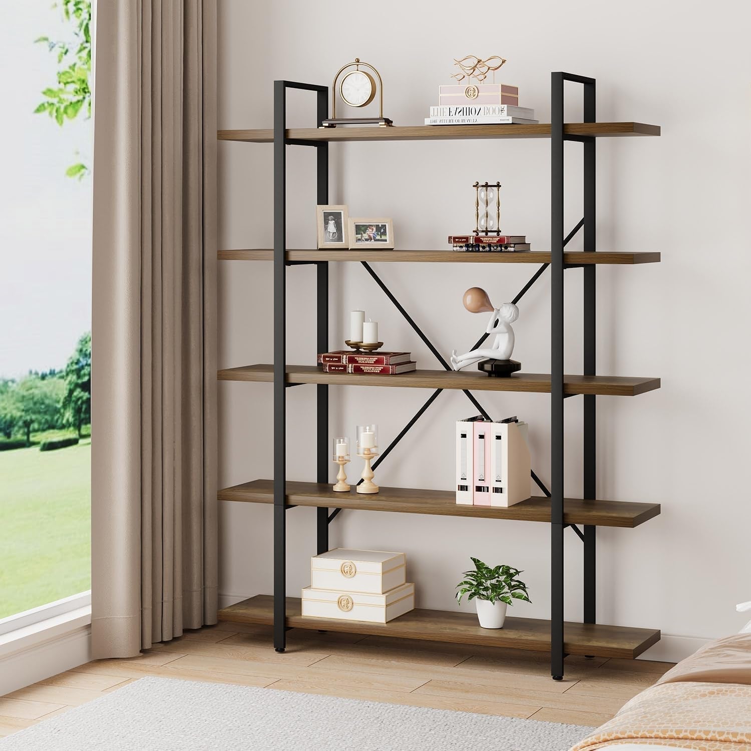 Industrial Reinforced Five Tier Bookshelf Rustic Oak