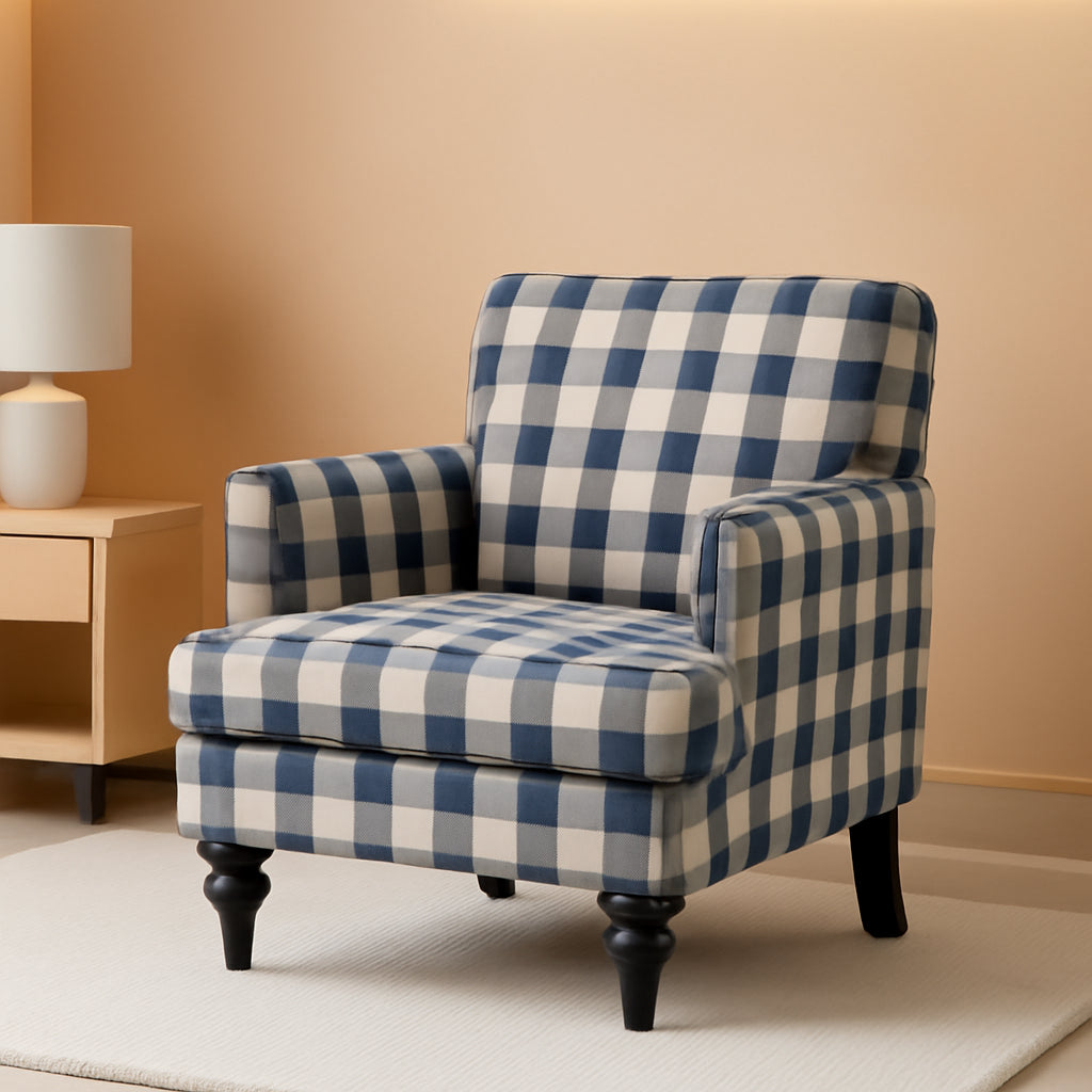 Luxurious Upholstered Blue Checkerboard Club Chair