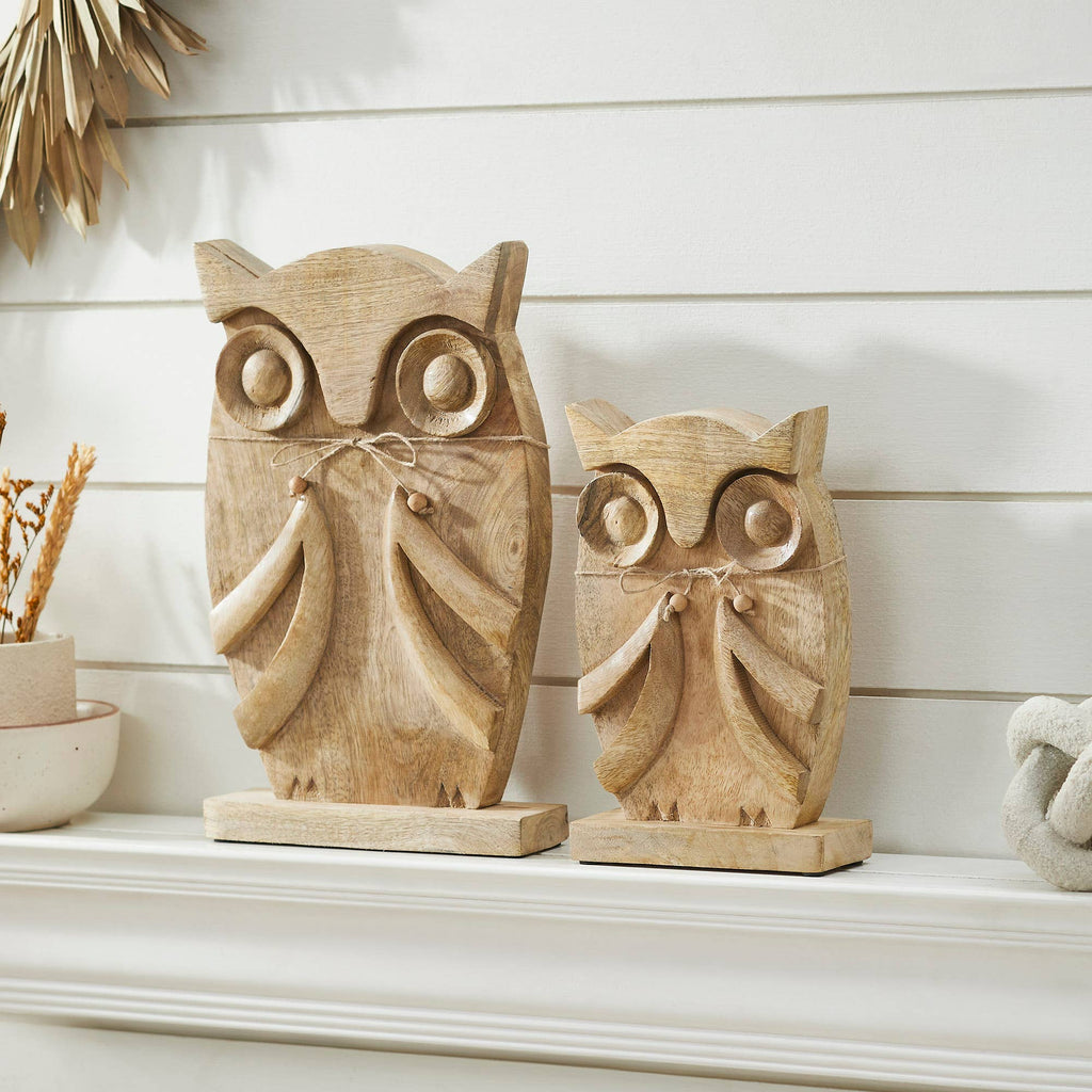 Large Carved Mango Wood Owl Figurines Set of 2