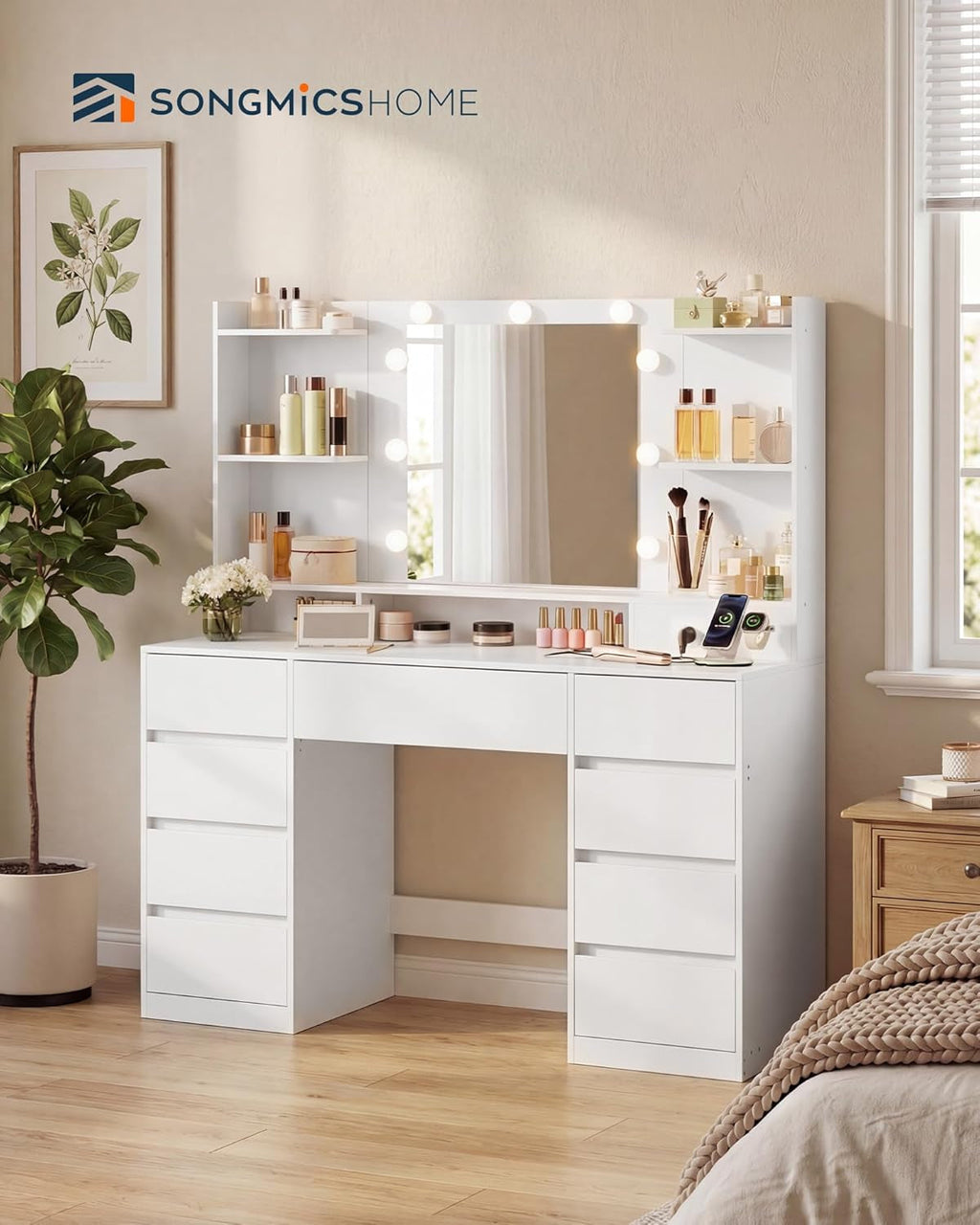 White Makeup Vanity Desk With Integrated LED Mirror