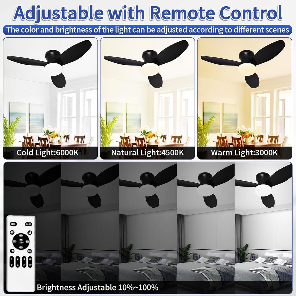 32 Inch Flush Mount Ceiling Fan With Remote Dimmable LED Light Timer