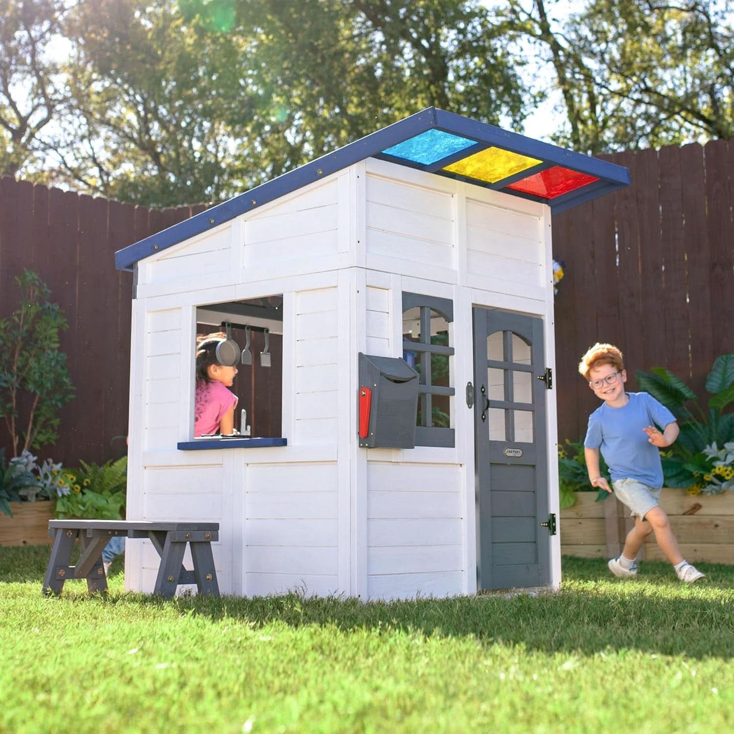 Wooden Playhouse With Rainbow Shade Interactive Kitchen