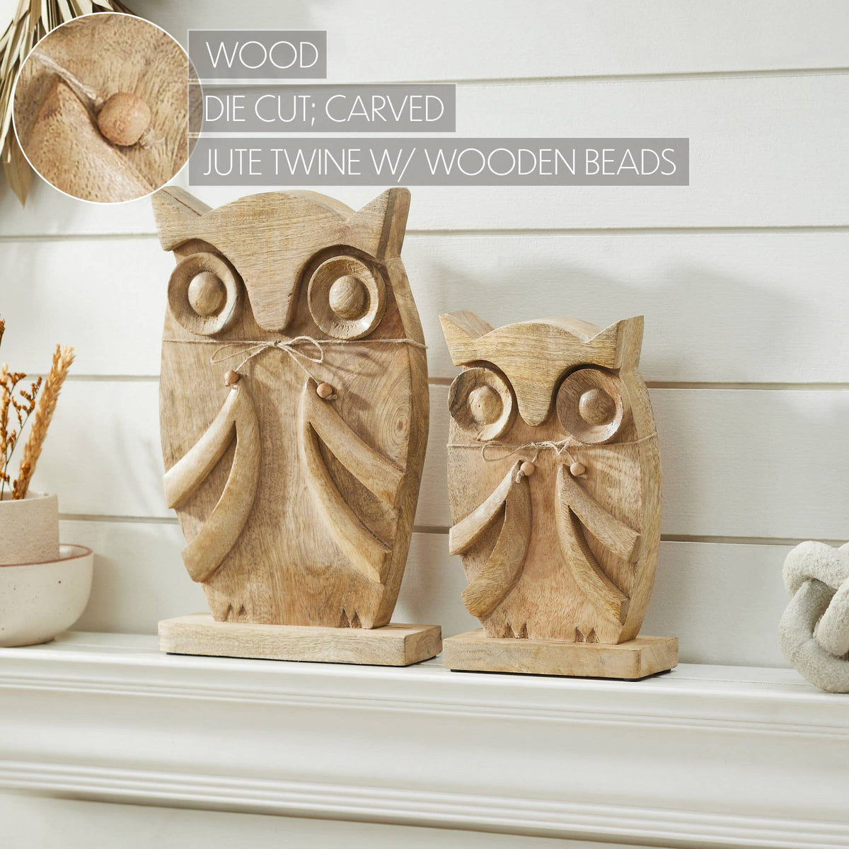 Large Carved Mango Wood Owl Figurines Set of 2