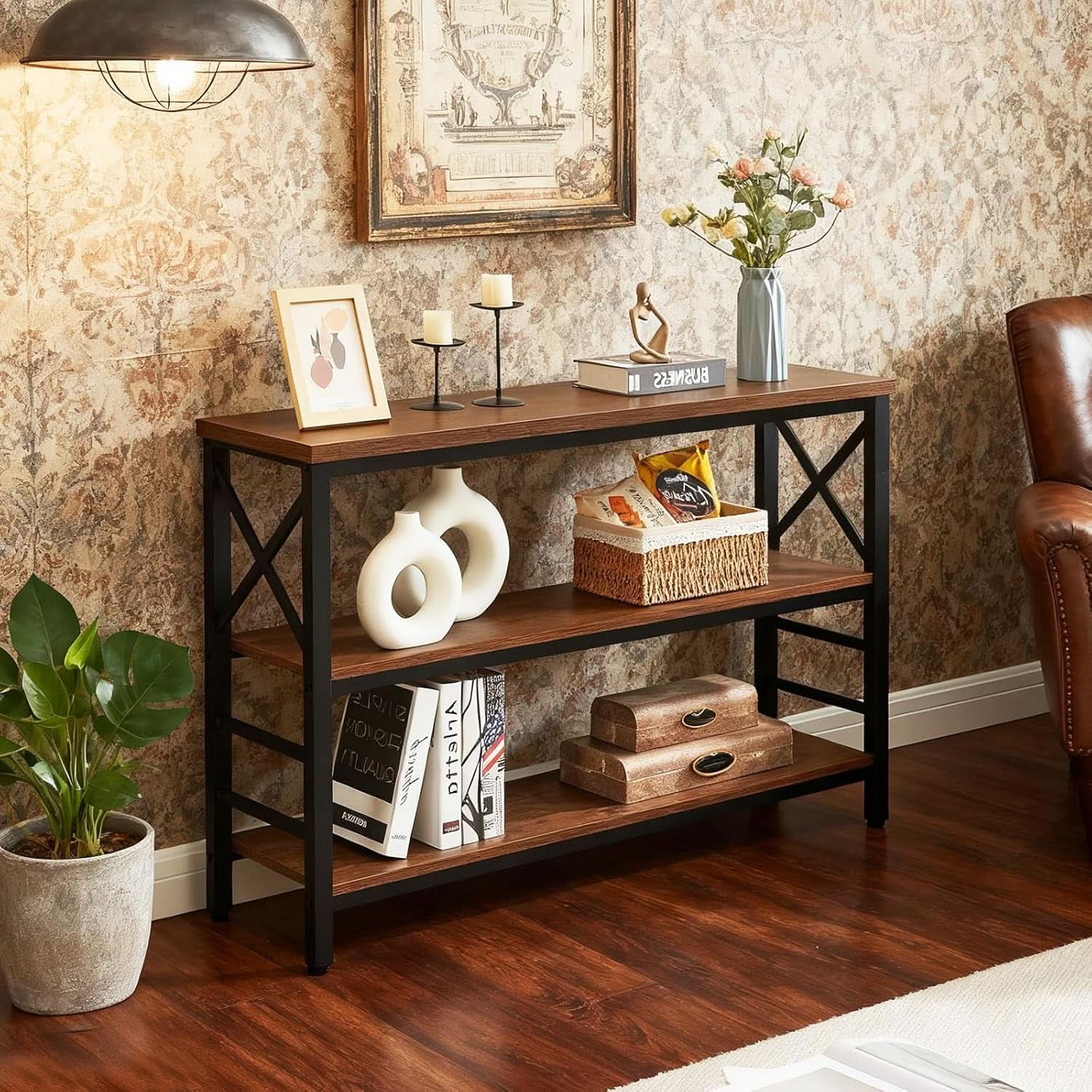 Walnut Brown 47 Inches Industrial Console Table Elegant
