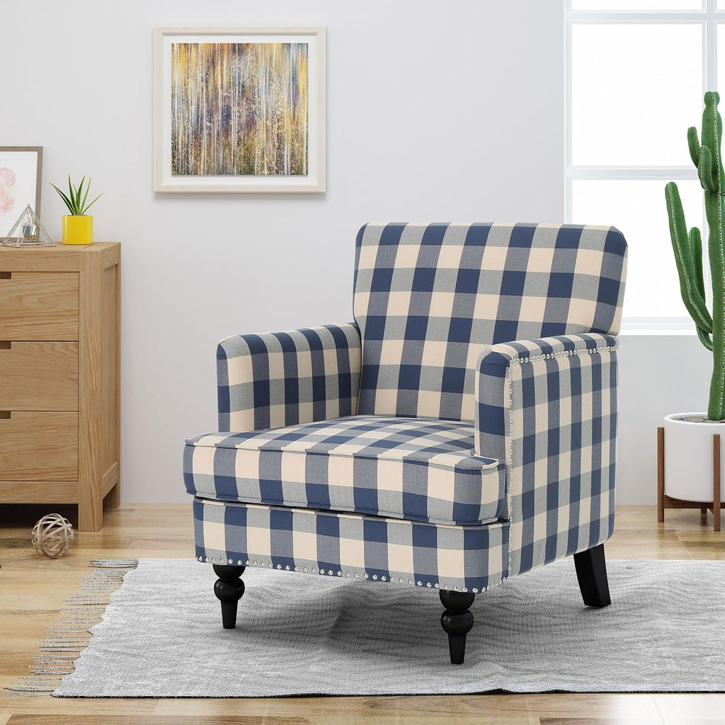 Luxurious Upholstered Blue Checkerboard Club Chair