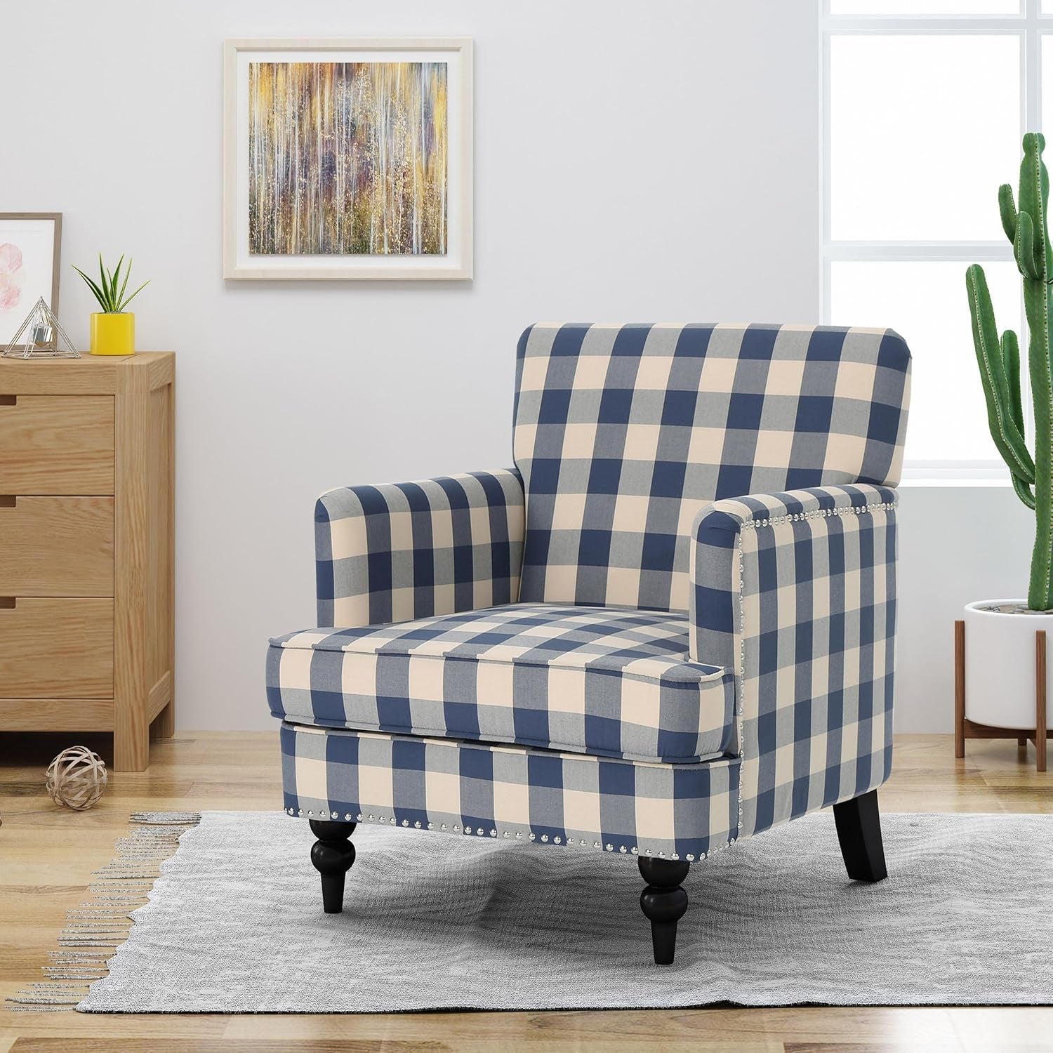 Luxurious Upholstered Blue Checkerboard Club Chair