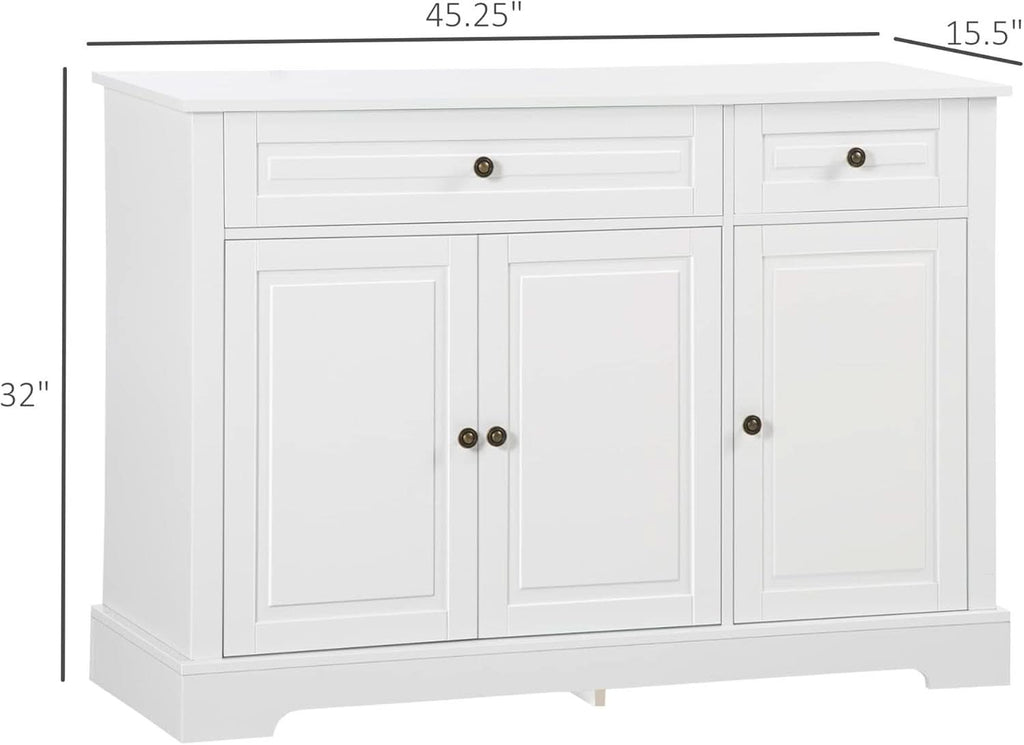 White Sideboard Buffet Cabinet With 2 Drawers And Shelves