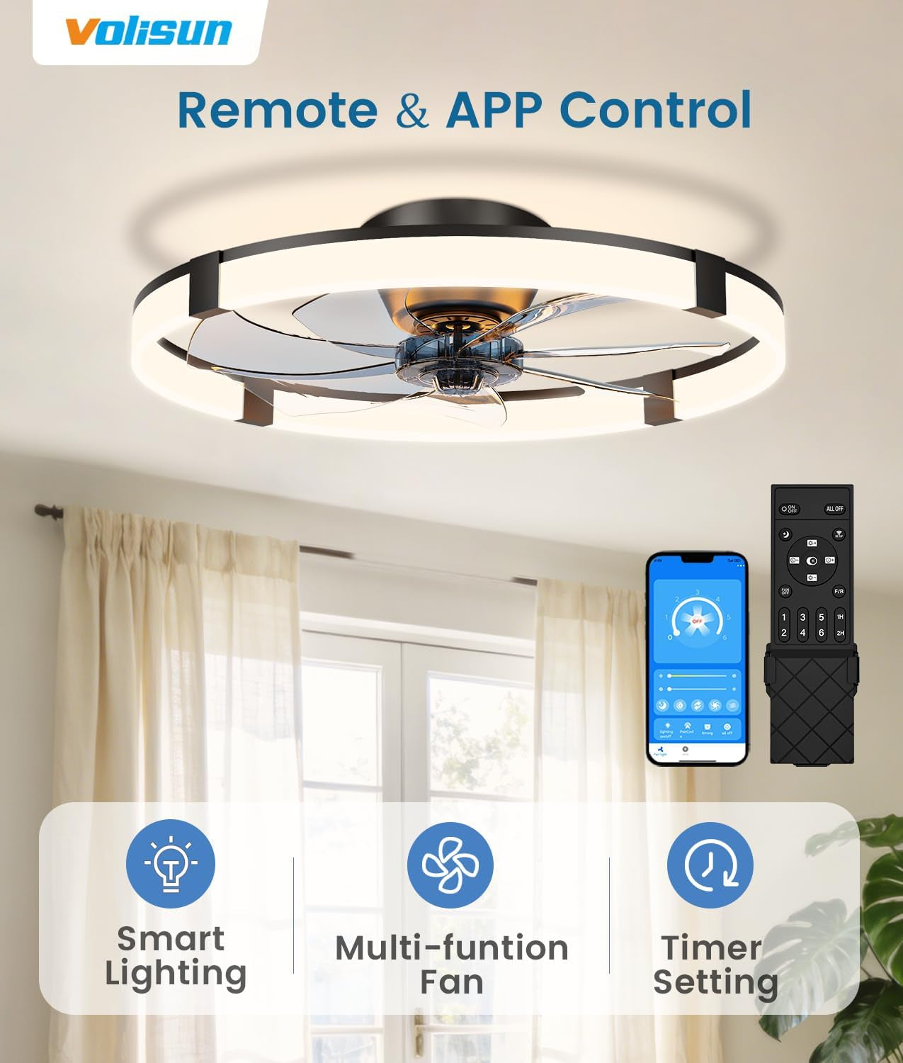 Black Bladeless Ceiling Fan With Smart Lighting Control