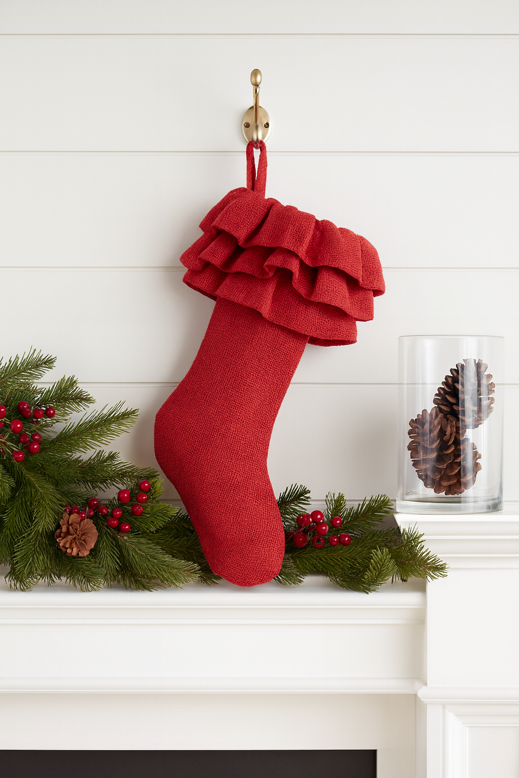 Red Ruffled Burlap Christmas Stocking