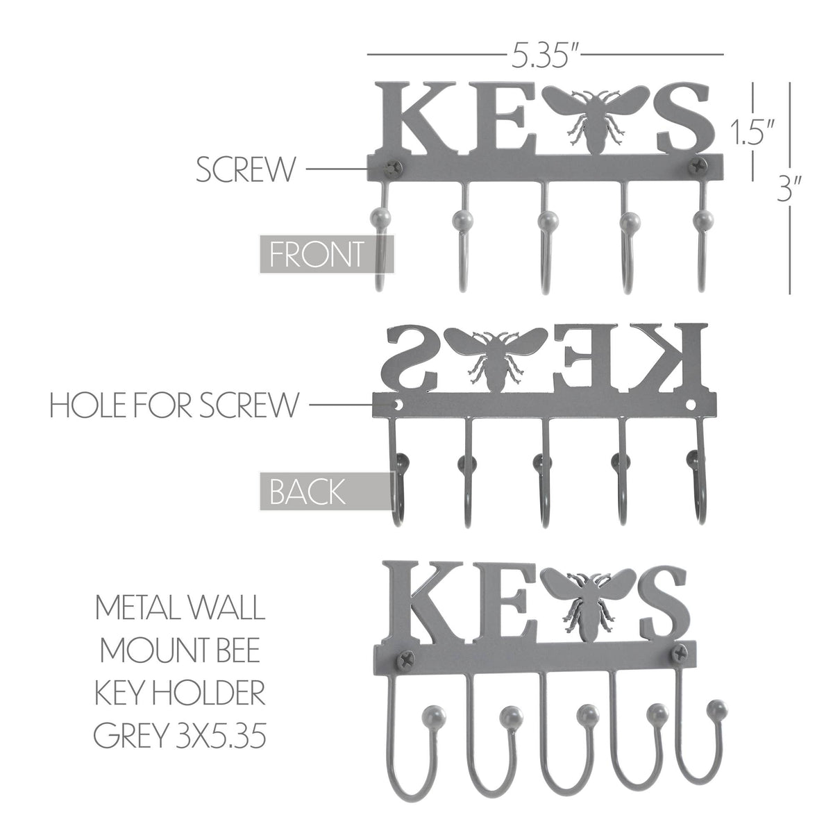 Buzzy Bees Metal Wall Mount Bee Key Holder Grey 3x5.3