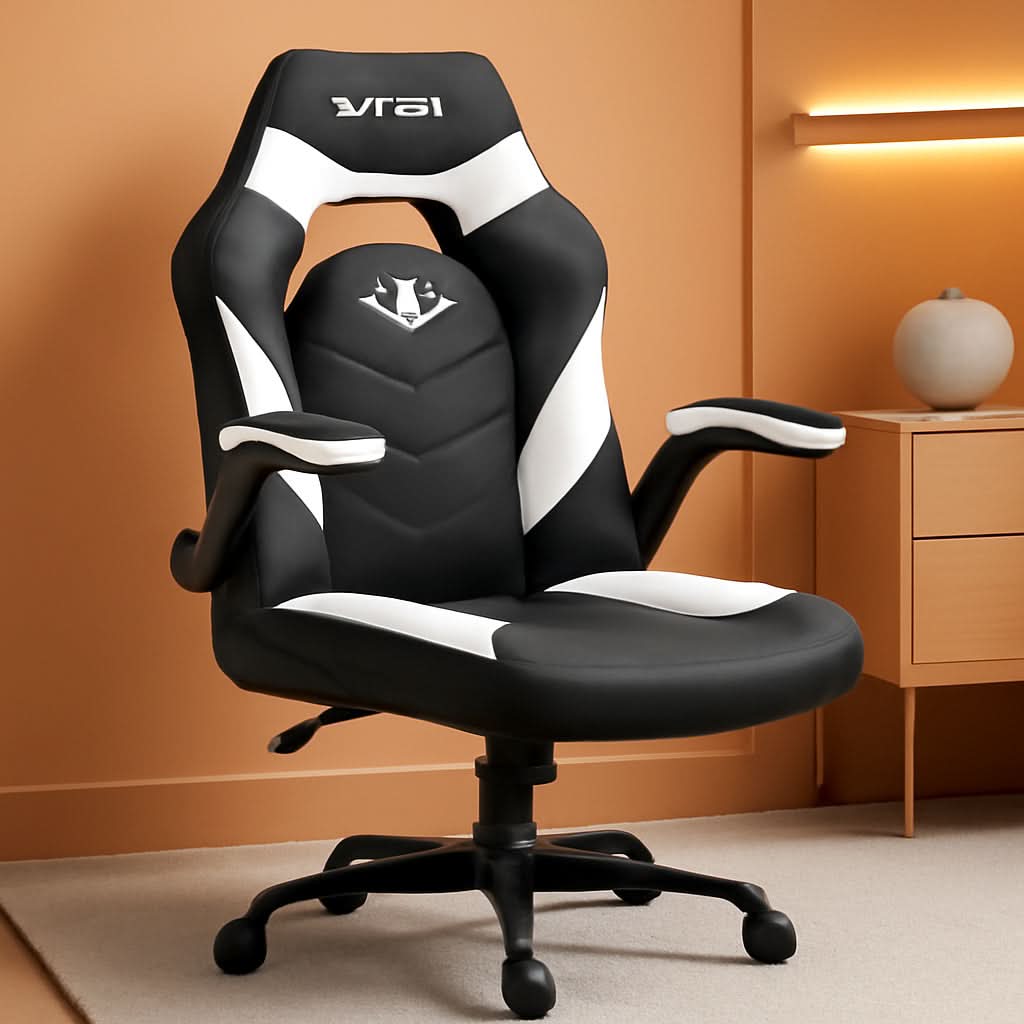 White Gaming Chair With Lumbar Support And Flip Up Arms