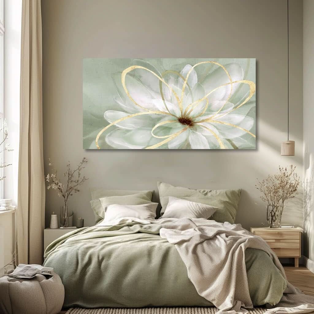 White Blossom GoldLine Wall Art Canvas 29X58 Inches