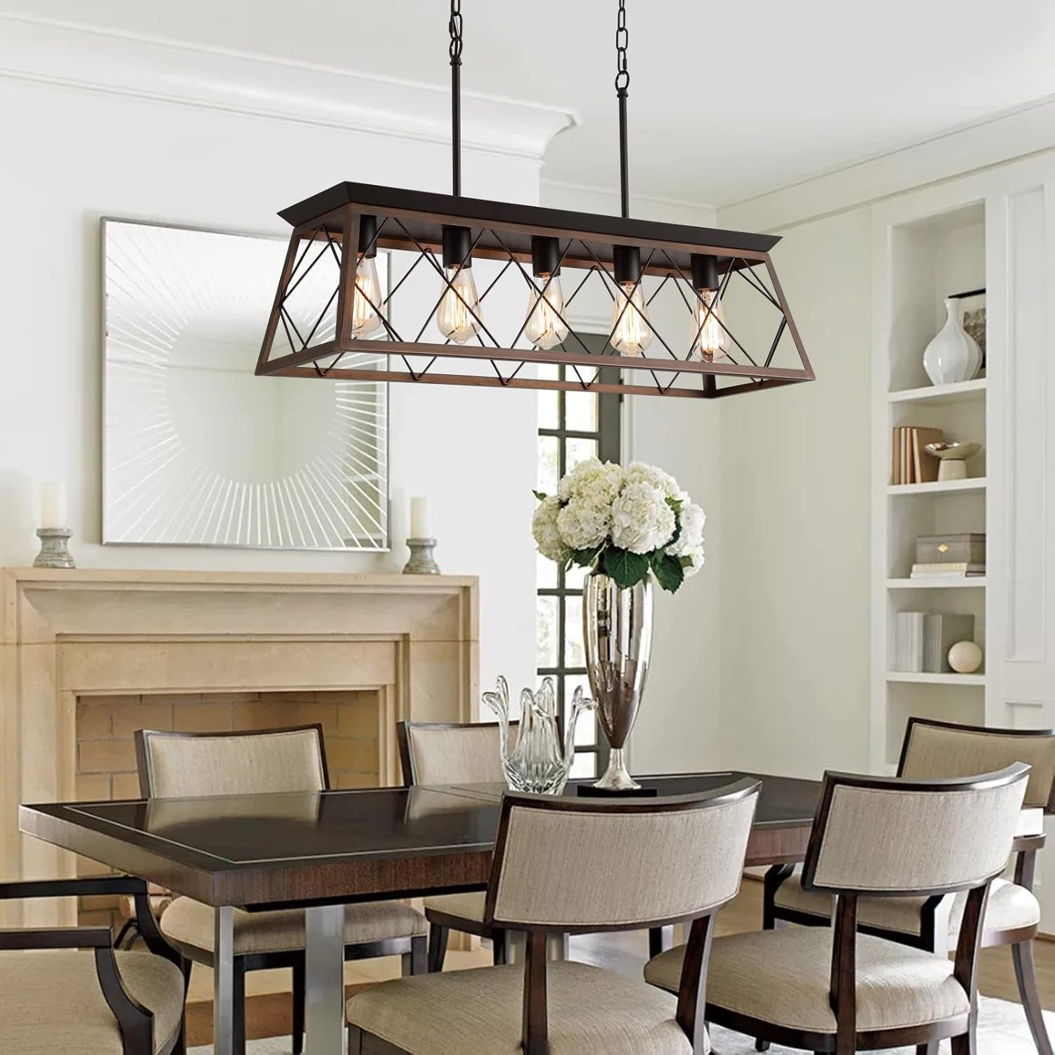 Farmhouse Bronze 5 Light Rectangular Dining Chandelier