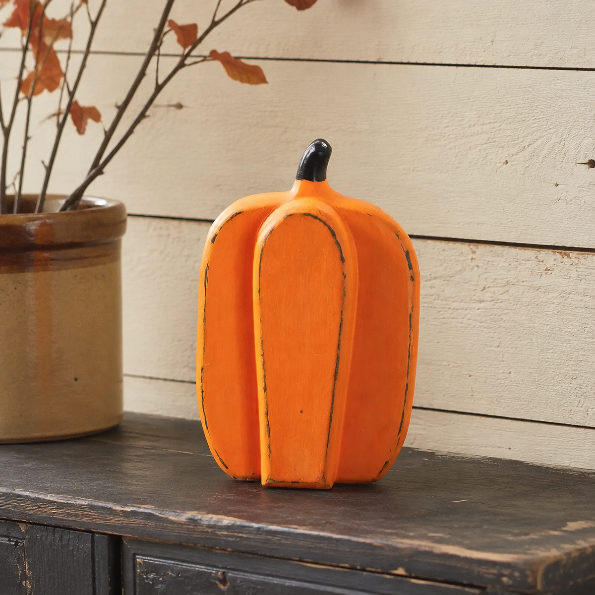 Rustic Orange Wooden Pumpkin Tabletop Figurine 8in