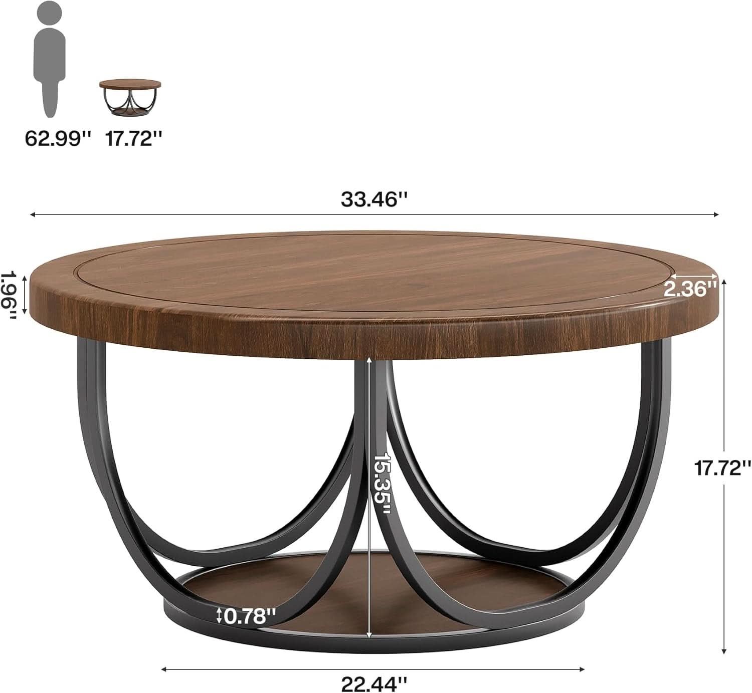 Round Coffee Table 33 Inch Brown Black Industrial Frame