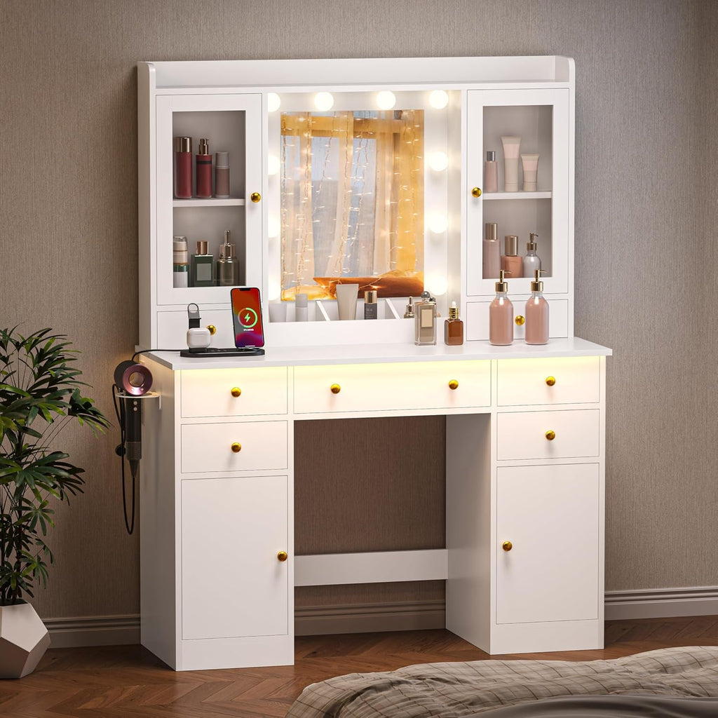 White Vanity Desk With Adjustable Multicolor Lighting