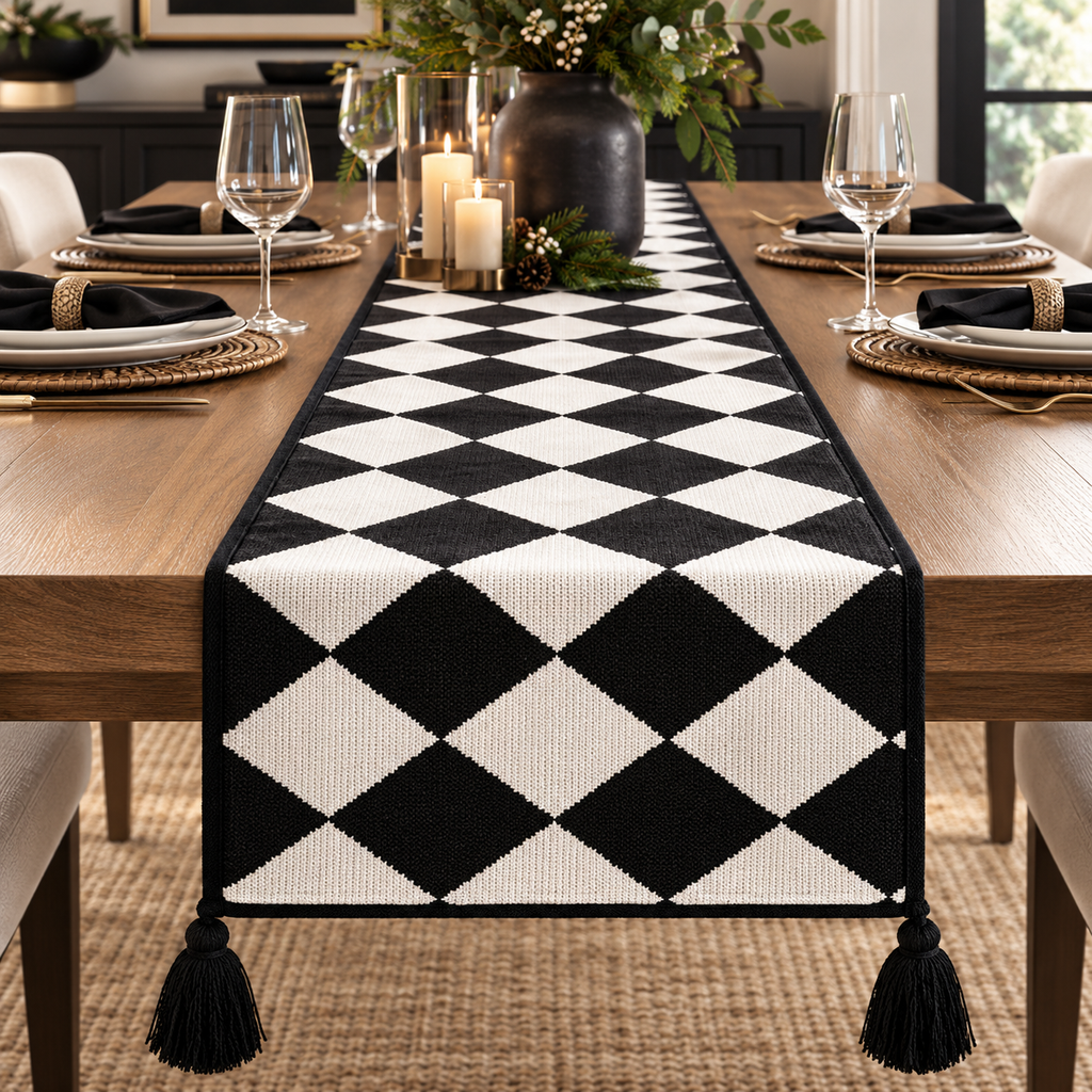 Black & White Diamond Checker 14"x71" Table Runner