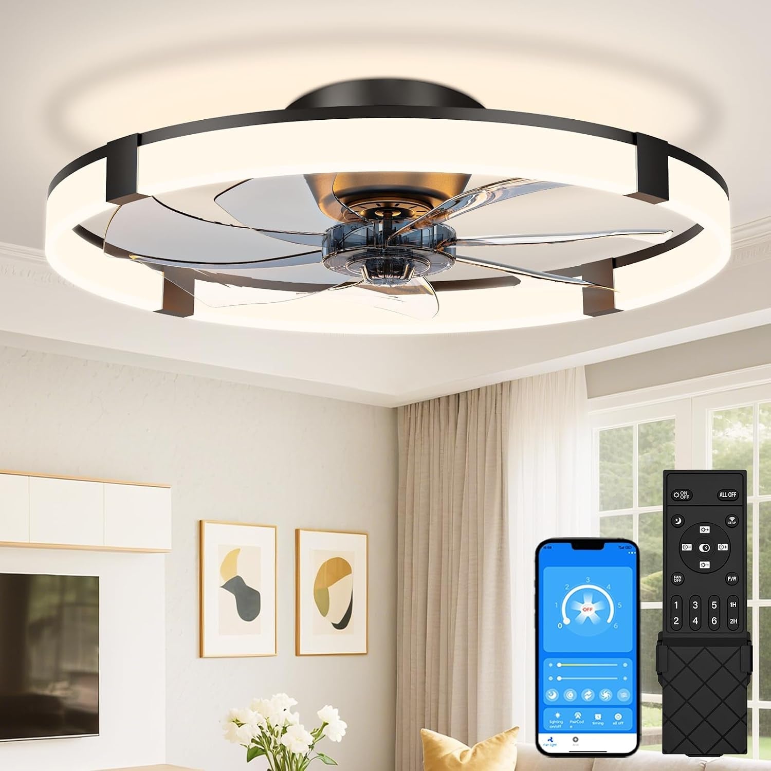 Black Bladeless Ceiling Fan With Smart Lighting Control