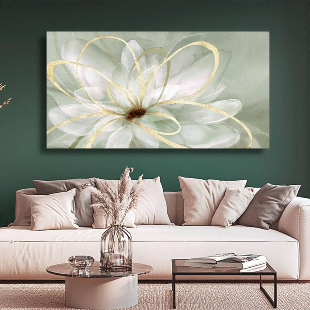 White Blossom GoldLine Wall Art Canvas 29X58 Inches