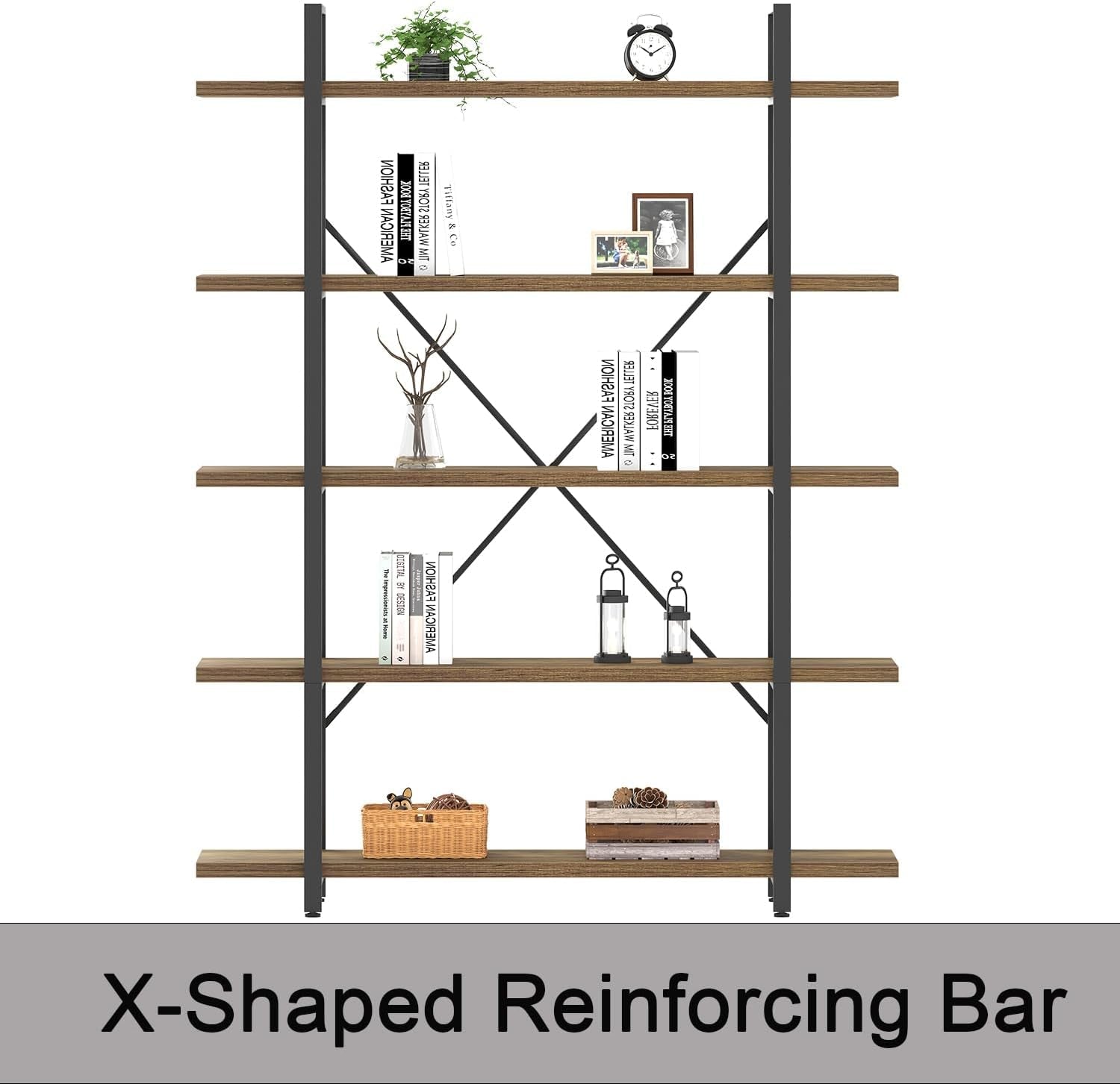 Industrial Reinforced Five Tier Bookshelf Rustic Oak