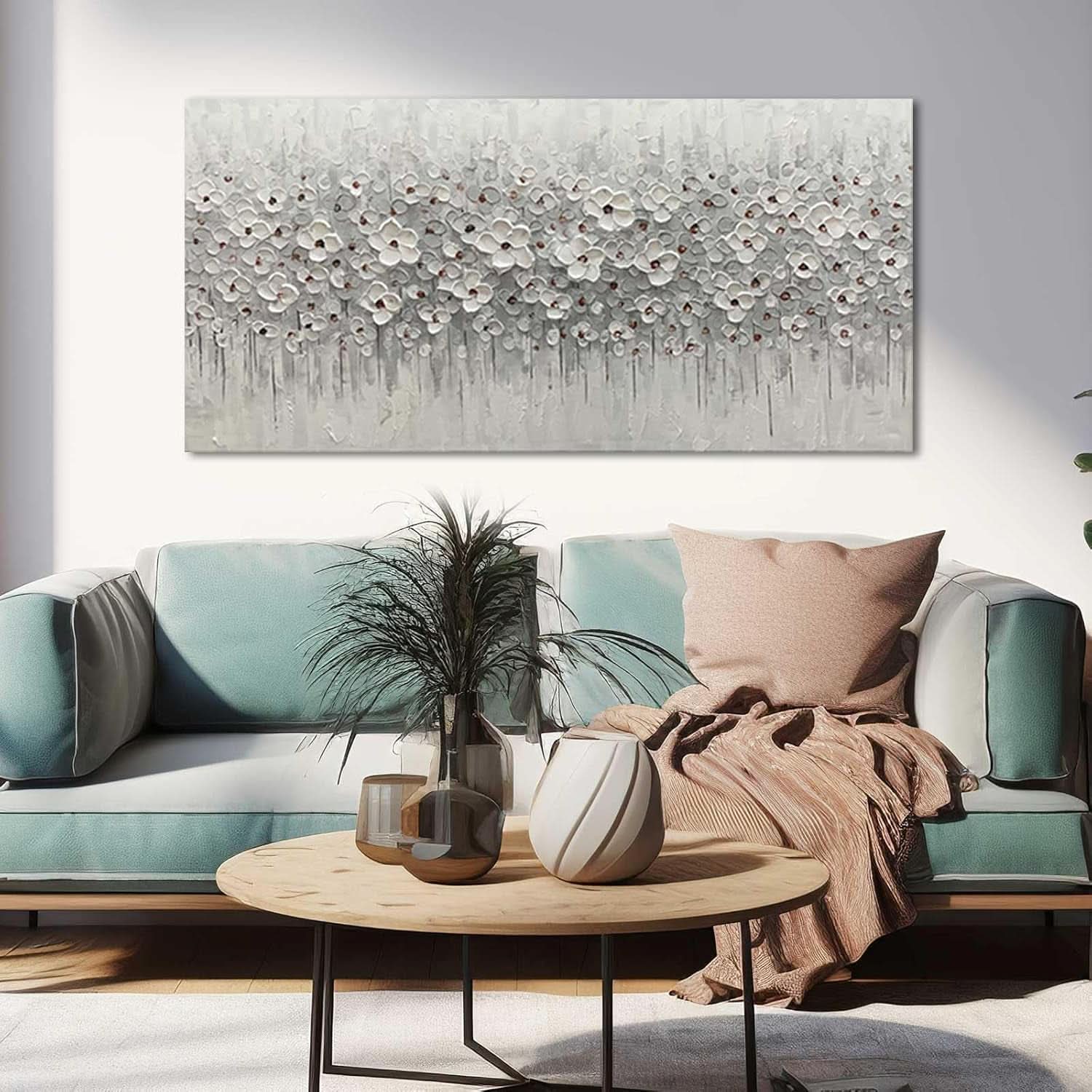White Flower Canvas Artwork 24x48 Inches Framed Canvas