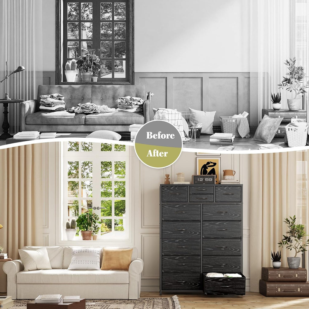 Black Fabric Dresser With Deep Drawers 52 Inches Tall