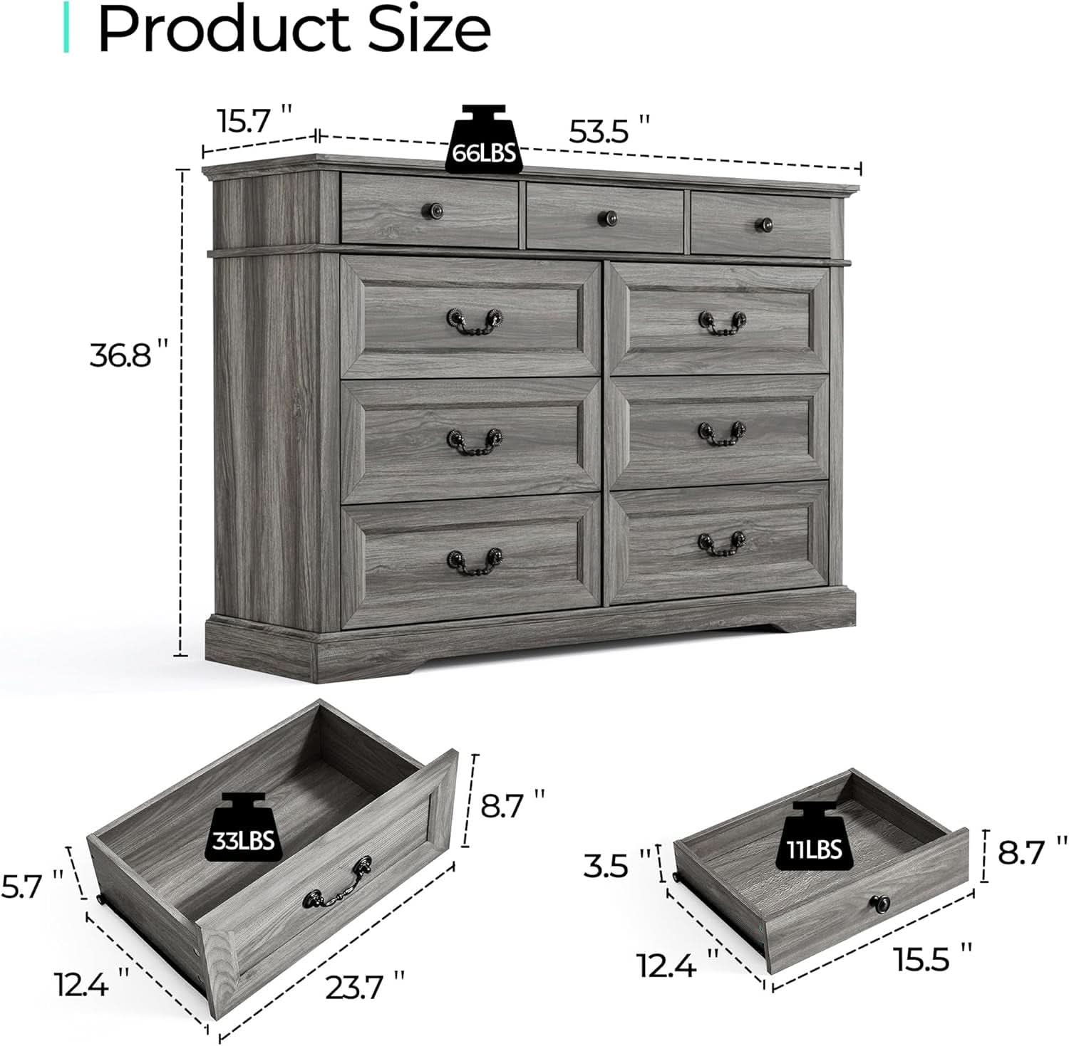 Grey 9-Drawer SolidWood Dresser For Bedroom Storage