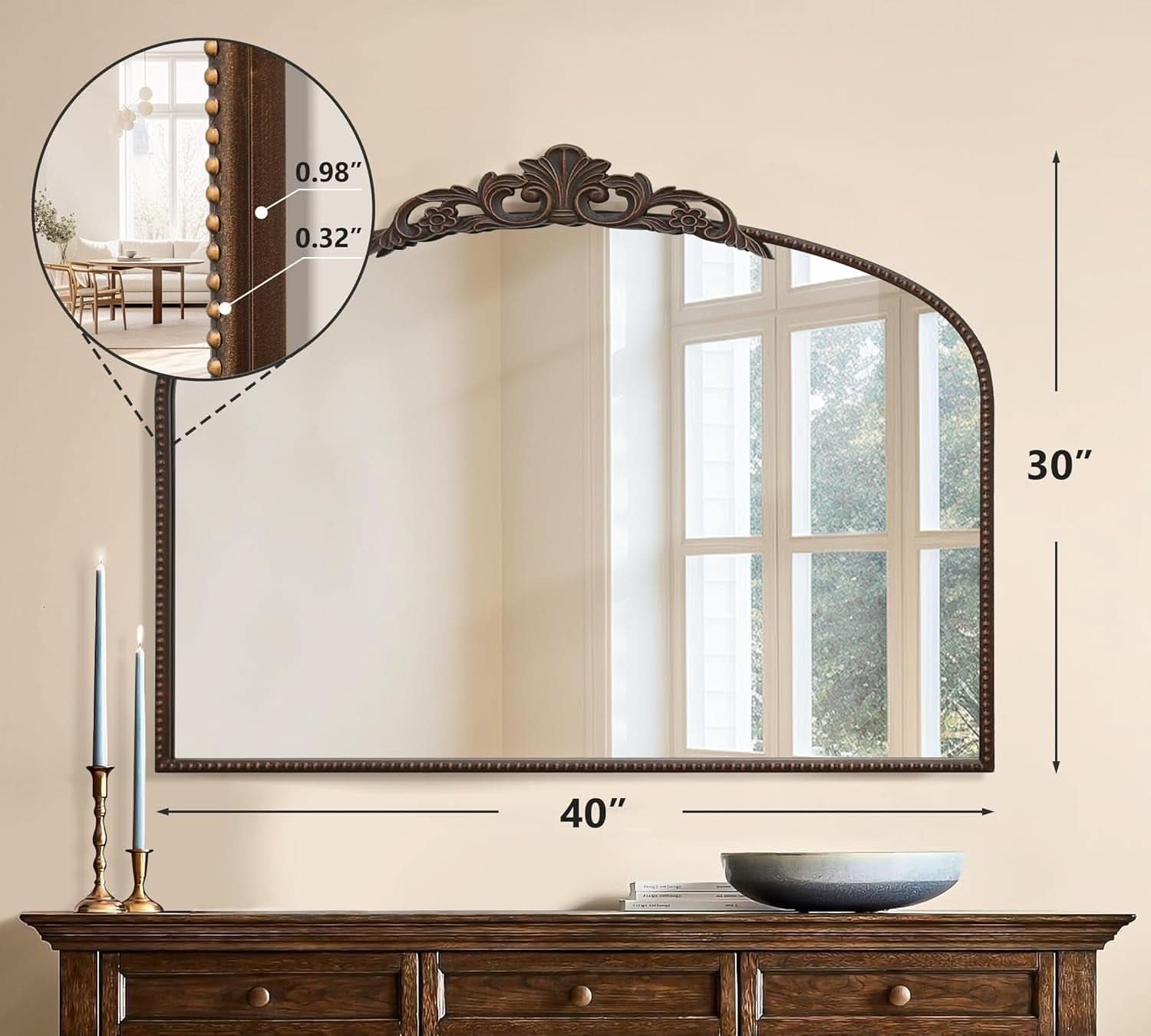 Bronze Vintage Baroque Mirror 40 By 30 Inch Arch Wall Mount