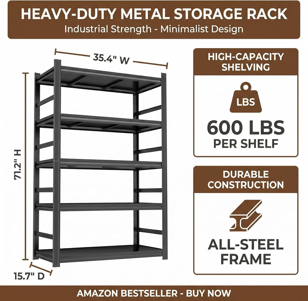 Five Tier Industrial Strength Metal Bookshelf Seventy Two Inch Tall