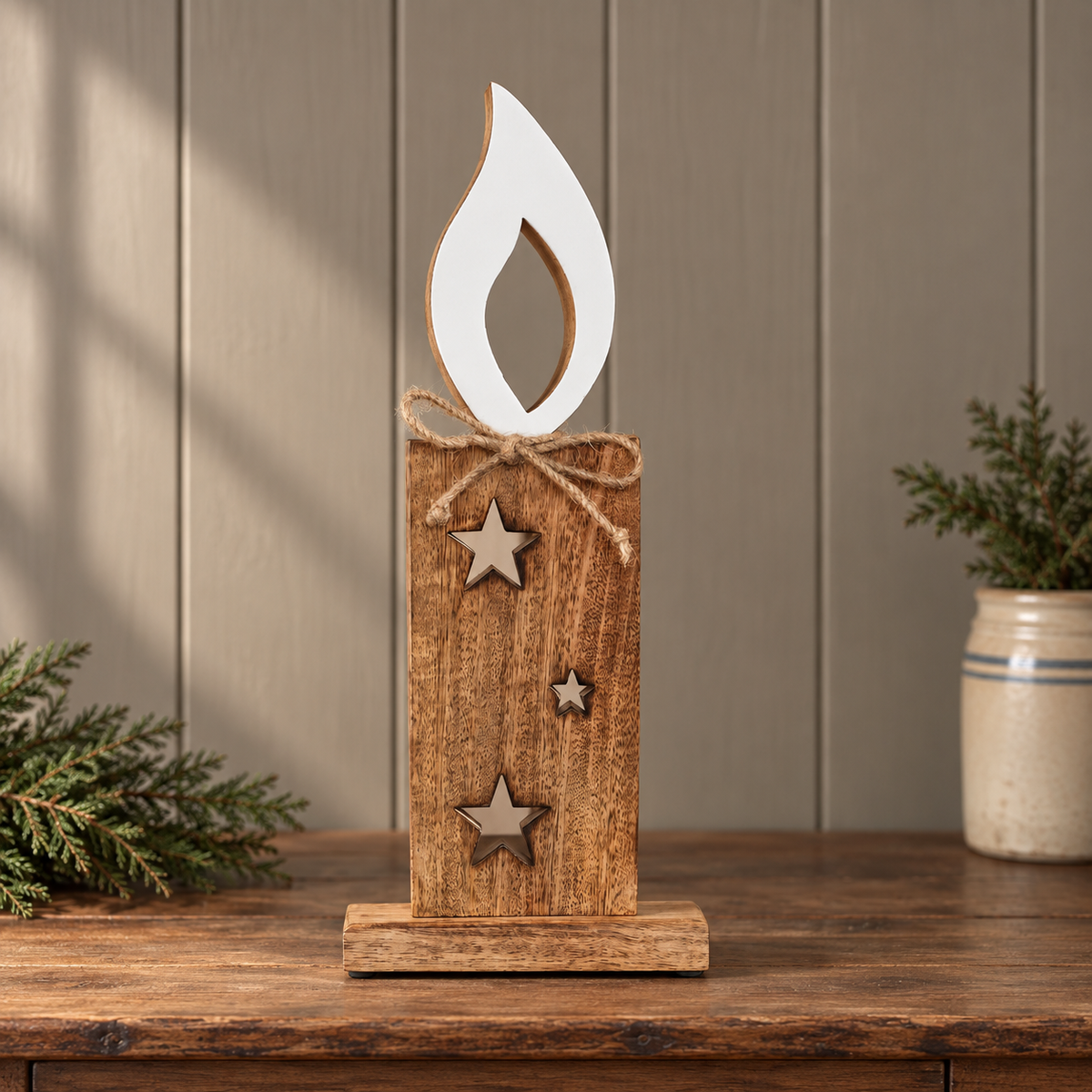 Wooden Christmas Candle Decor White Flame 17 Inch