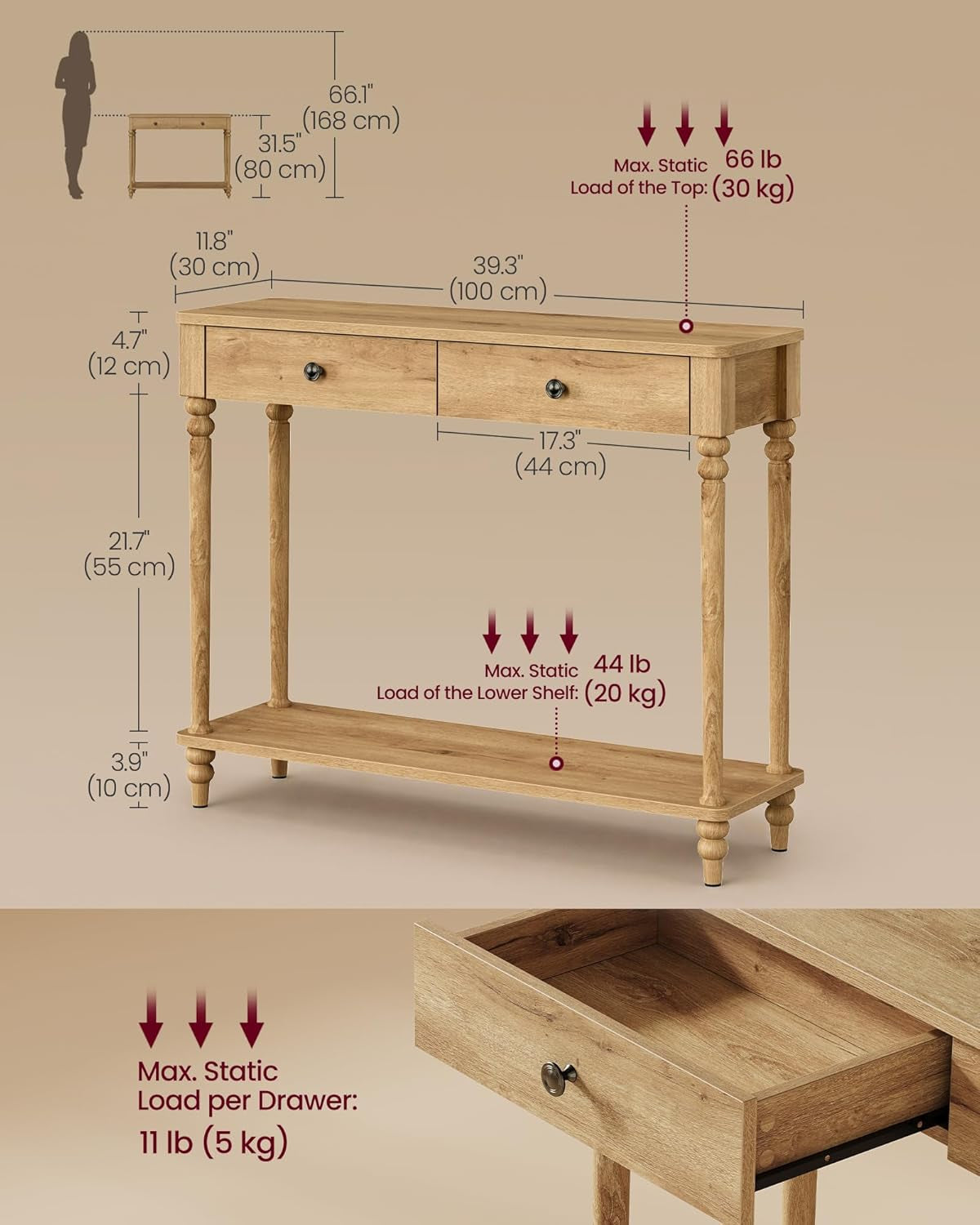 Mariel Console Table Narrow Entry way Natural Brown