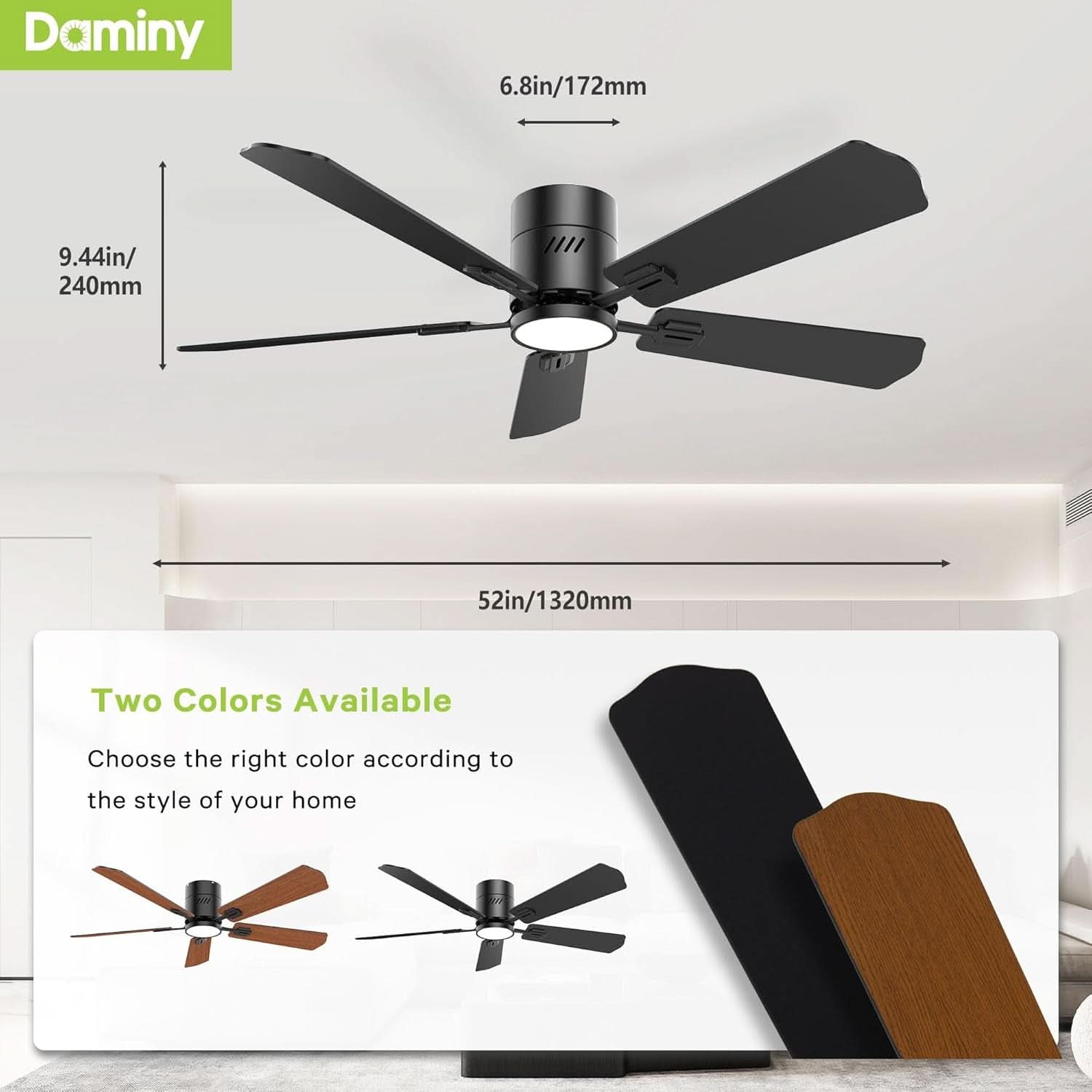 52 Inch Black Walnut DC Motor Ceiling Fan With Light Remote