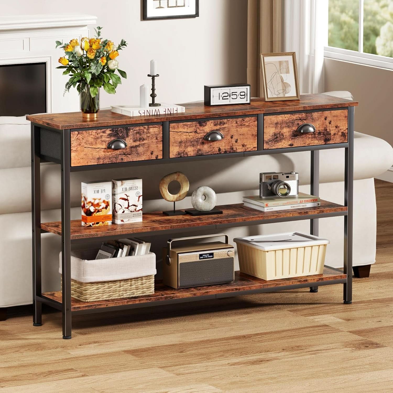47-Inch Rustic Brown Console Table with 3 Drawers and Storage Shelves
