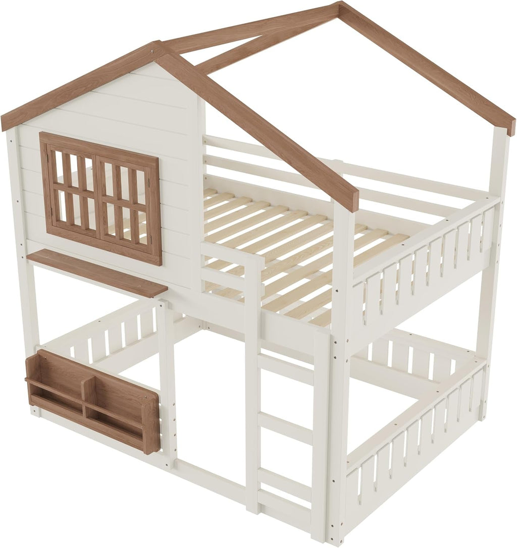 Beige Space Saving Playhouse Style Bunk Bed With Storage