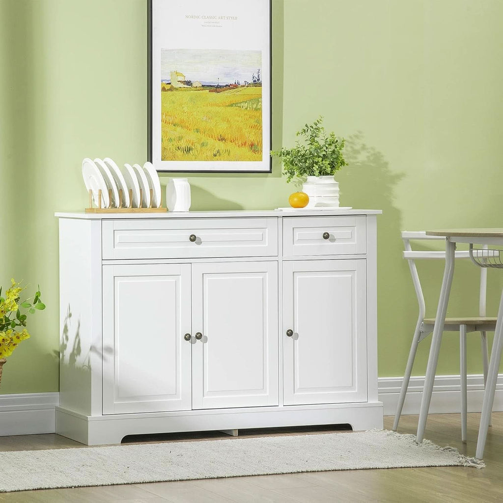 White Sideboard Buffet Cabinet With 2 Drawers And Shelves