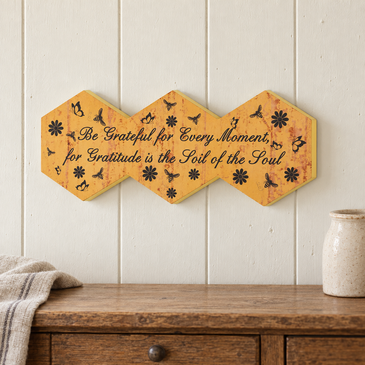Buzzy Bees Be Grateful Hexagon MDF Wall Sign 5.8x15