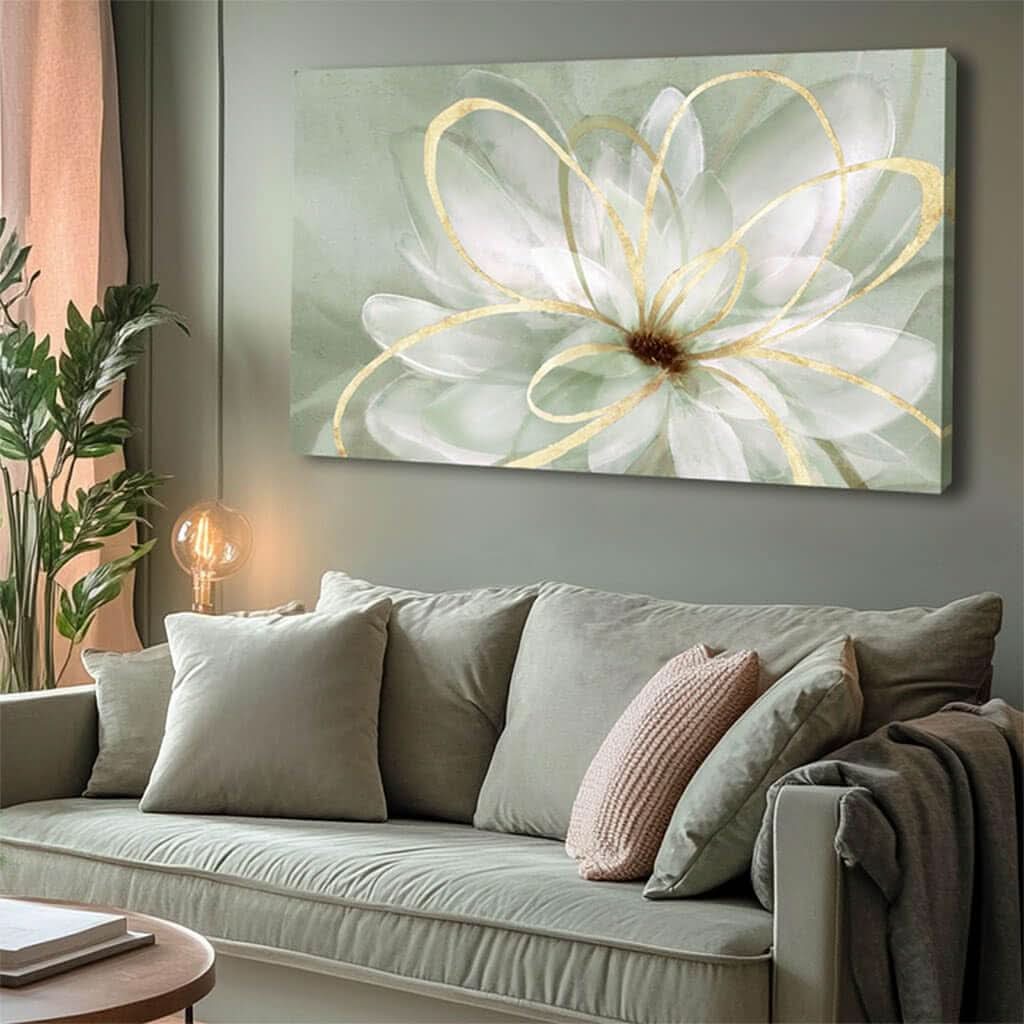 White Blossom GoldLine Wall Art Canvas 29X58 Inches