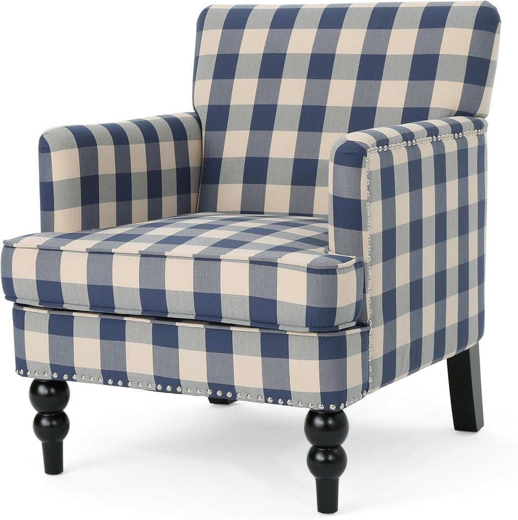 Luxurious Upholstered Blue Checkerboard Club Chair