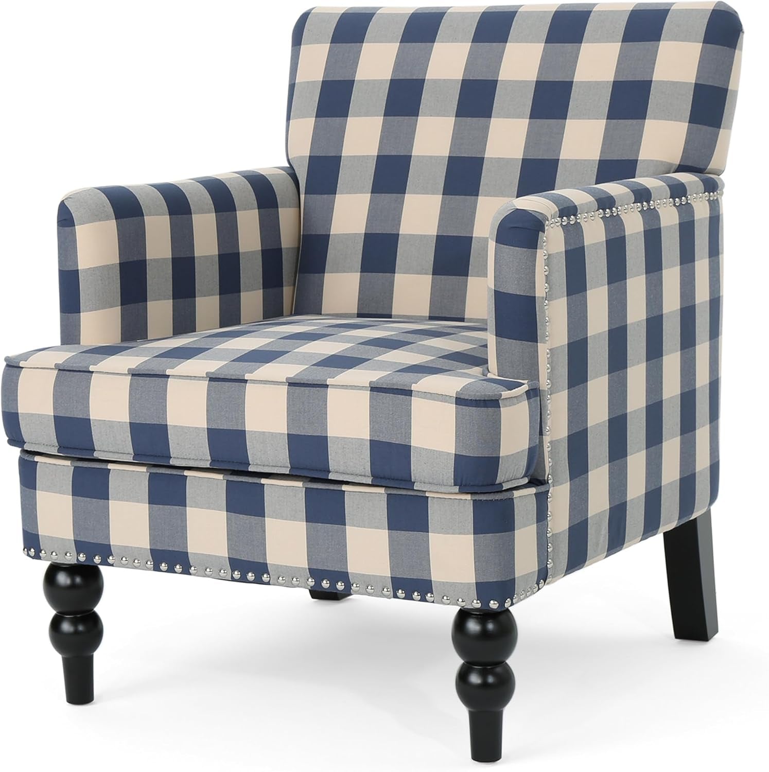 Luxurious Upholstered Blue Checkerboard Club Chair