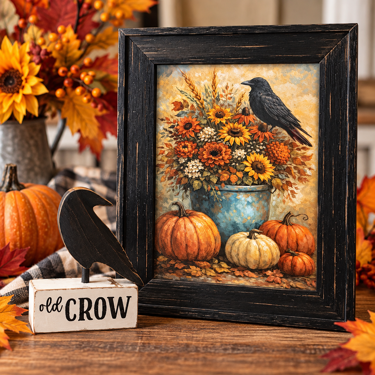 Harvest Crow & Pumpkins Framed Decor Set