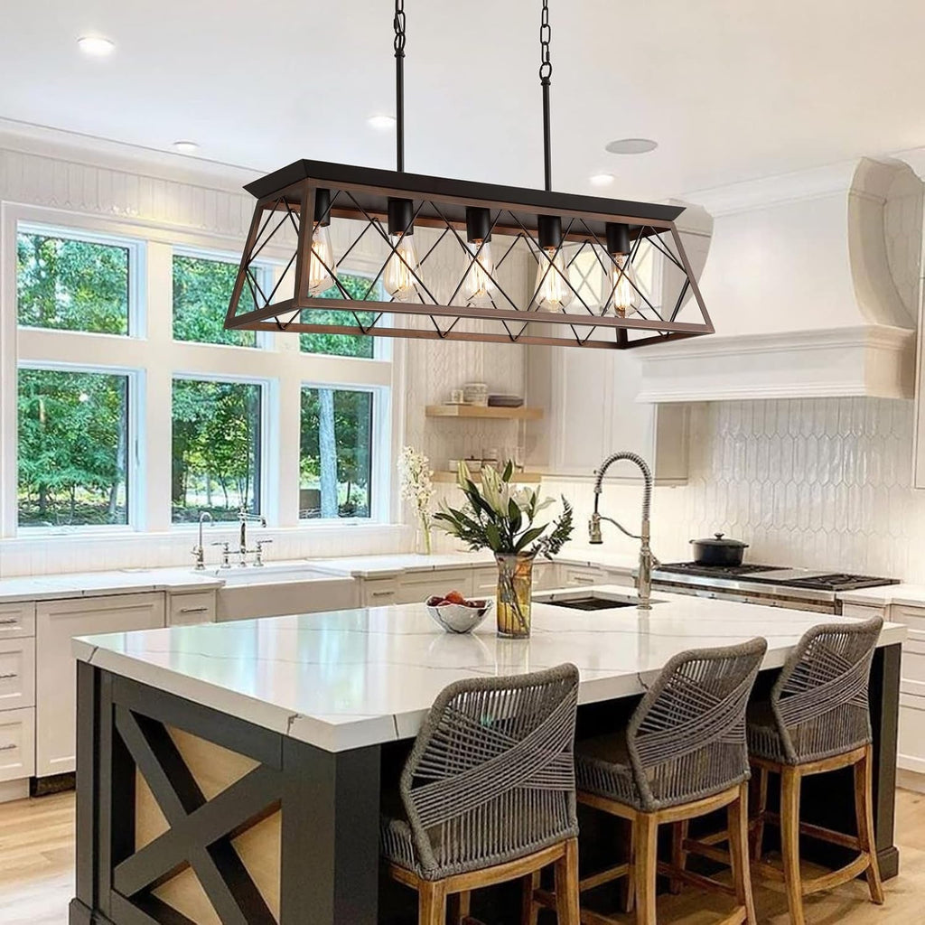 Farmhouse Bronze 5 Light Rectangular Dining Chandelier