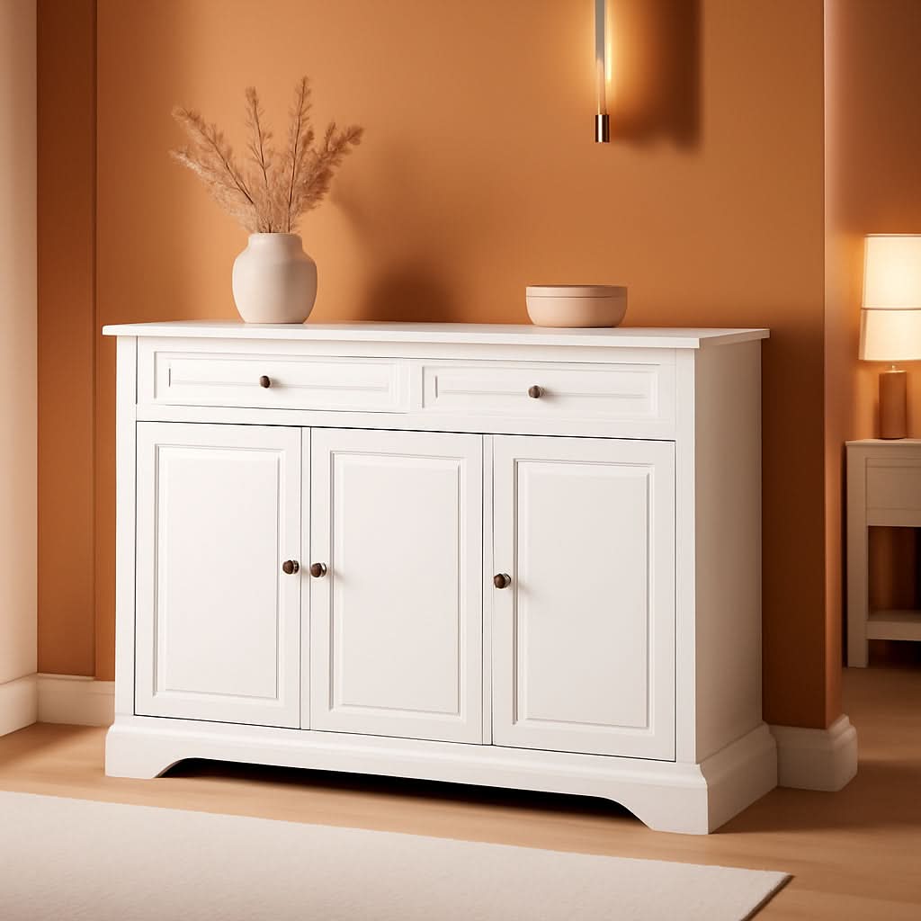 White Sideboard Buffet Cabinet With 2 Drawers And Shelves