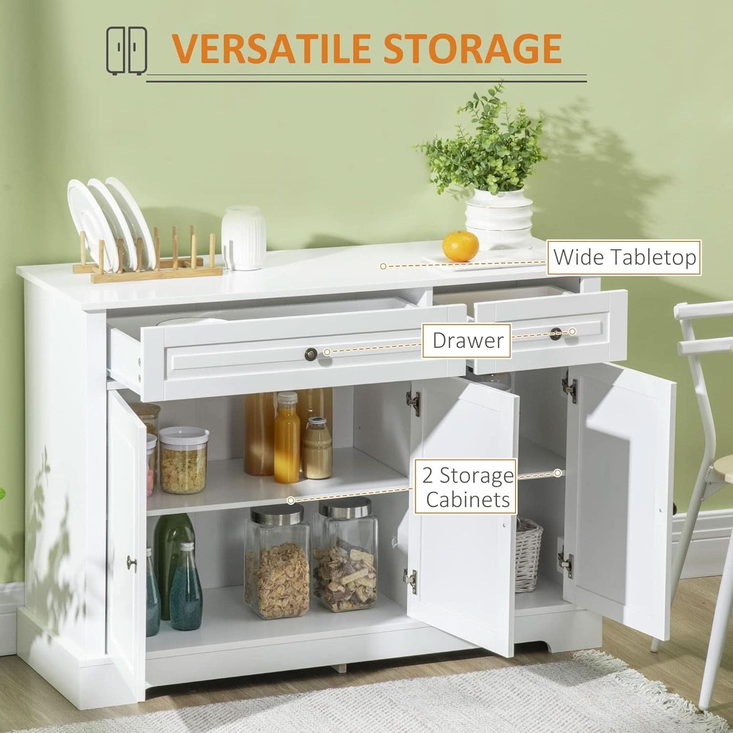 White Sideboard Buffet Cabinet With 2 Drawers And Shelves