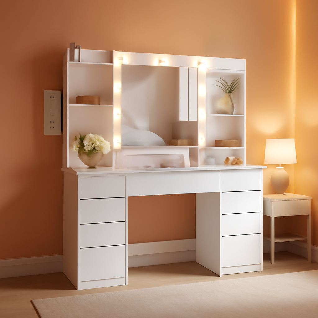 White Makeup Vanity Desk With Integrated LED Mirror
