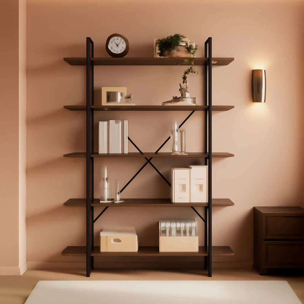 Industrial Reinforced Five Tier Bookshelf Rustic Oak