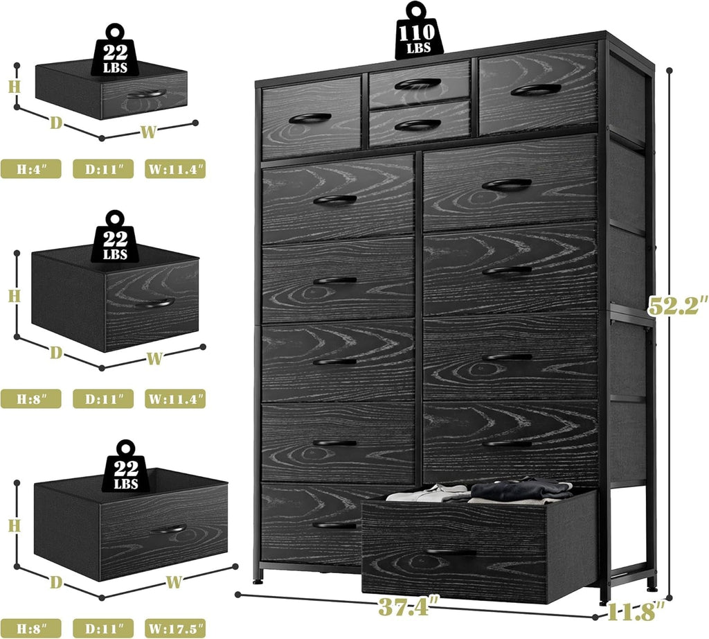 Black Fabric Dresser With Deep Drawers 52 Inches Tall